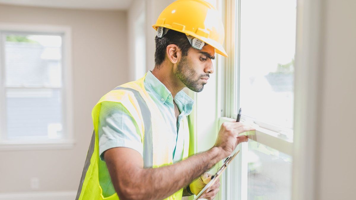 Trabajador con casco y chaleco inspecciona una ventana en obra.